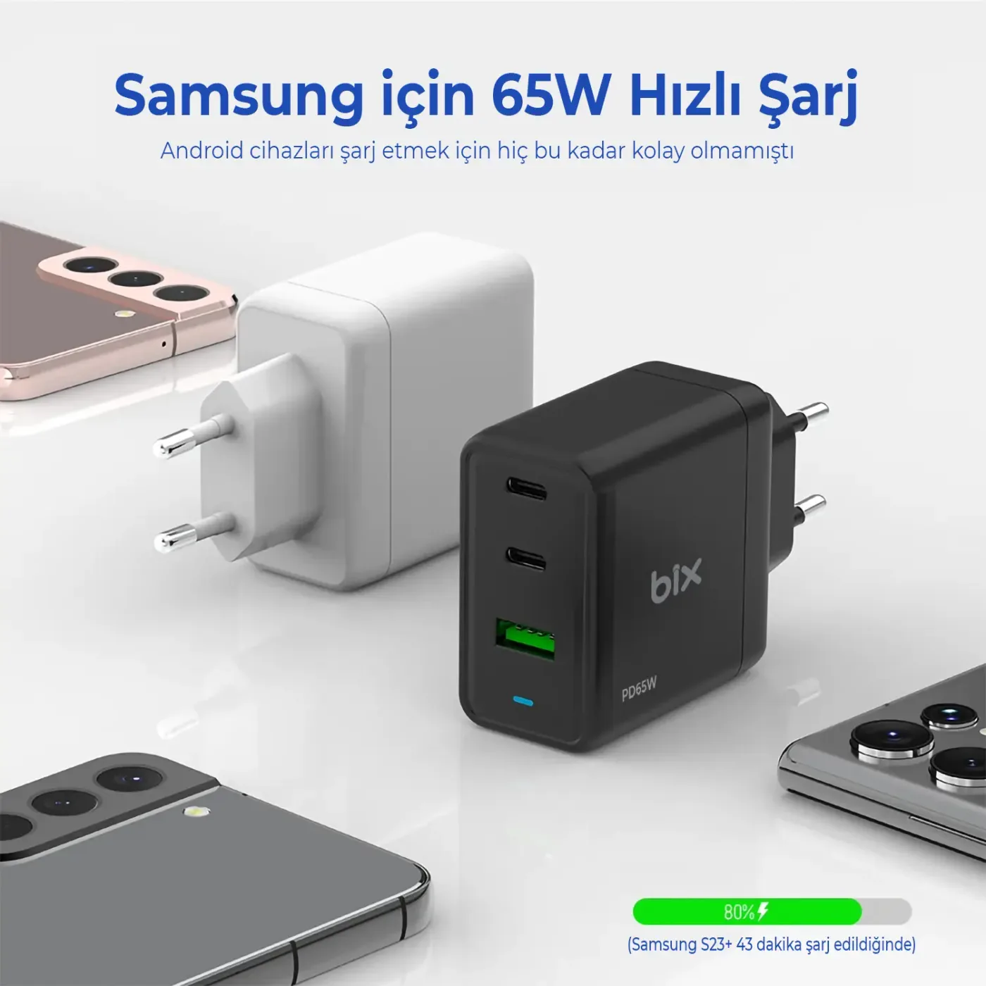 BX3P65G GaN 65W USB QC 4.0 ve 2*Type-C PD 3.0 Üç Portlu