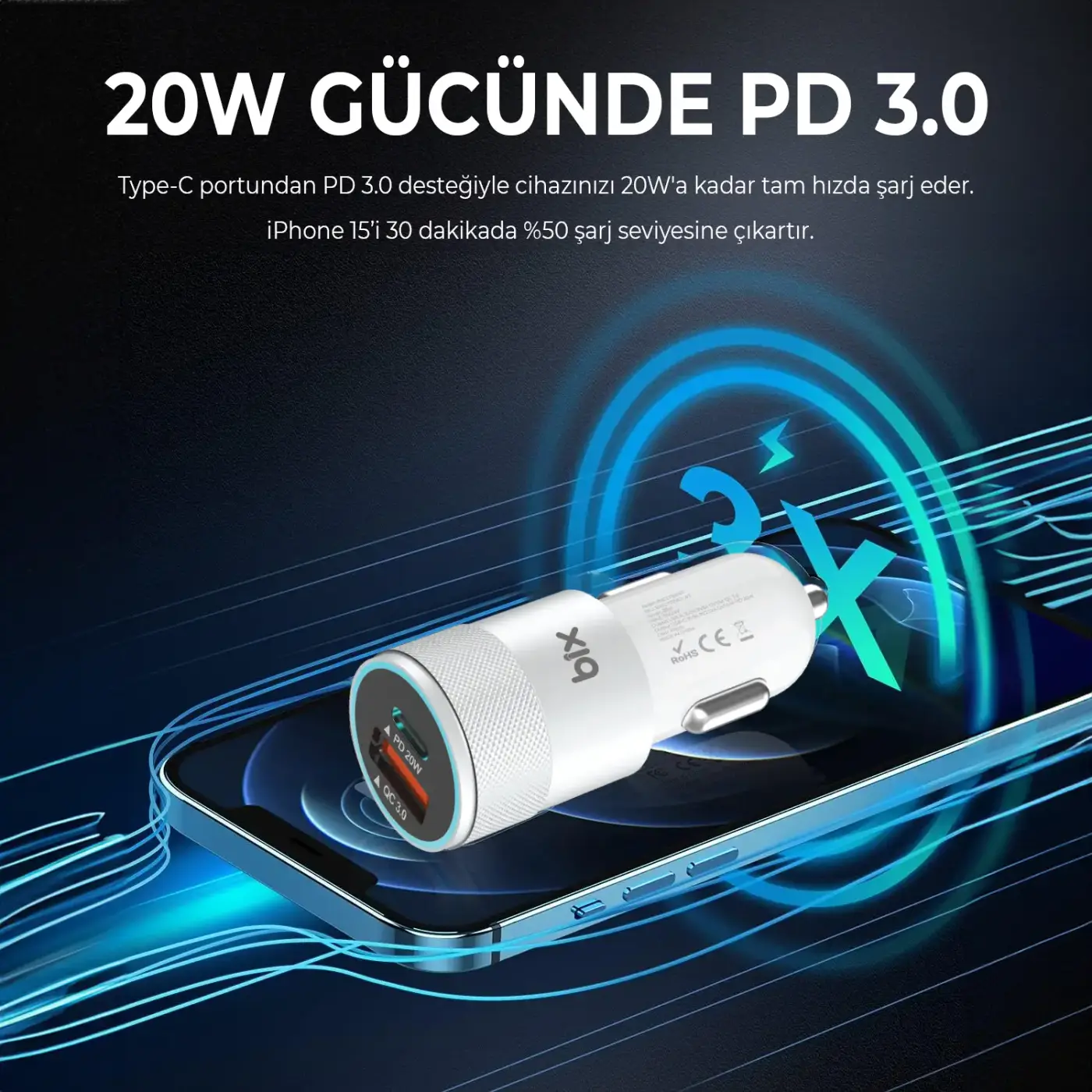 BXCCP38WT 38W USB QC 3.0 18W ve Type-C PD 20W Çift Şarj