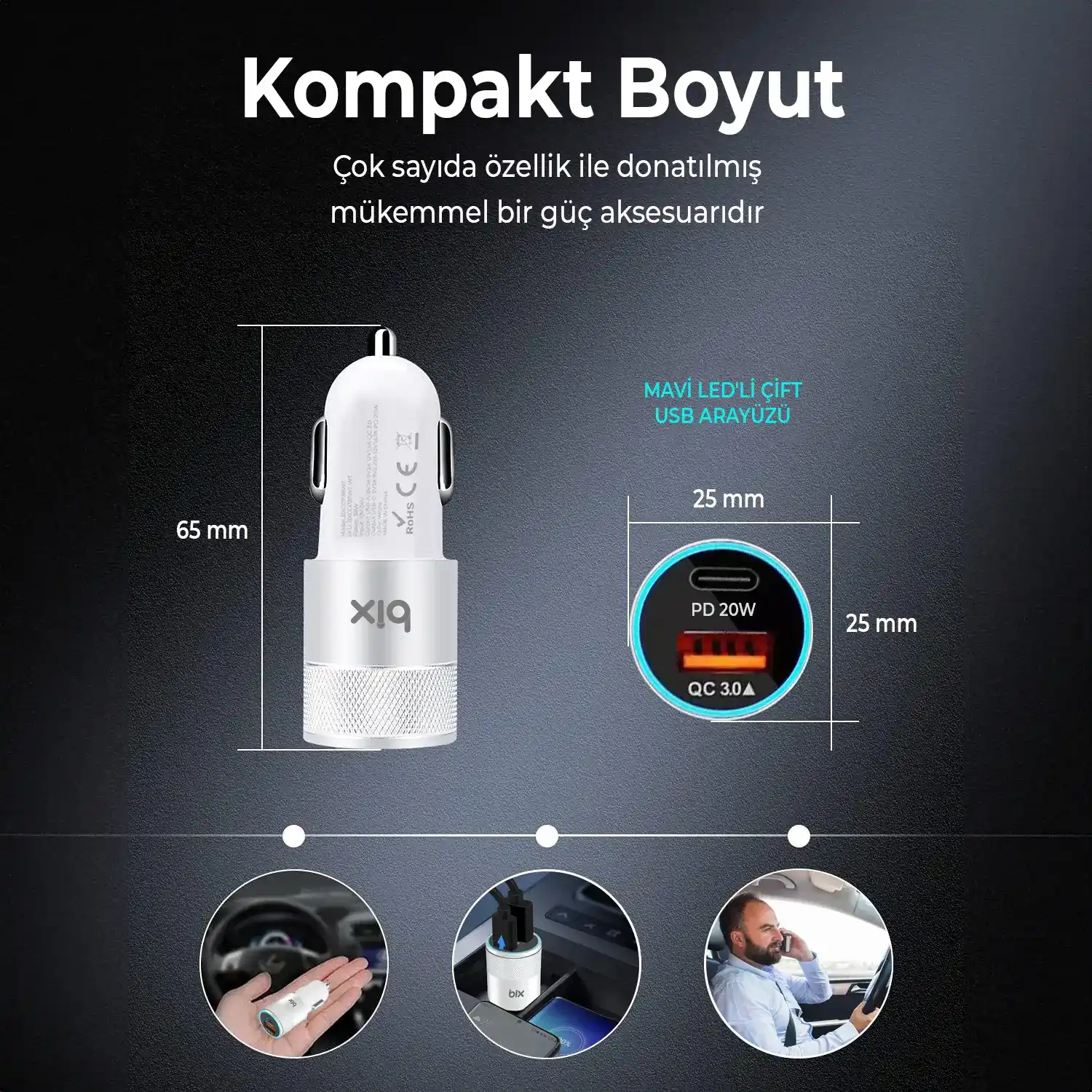 BXCCP38WT 38W USB QC 3.0 18W ve Type-C PD 20W Çift Şarj