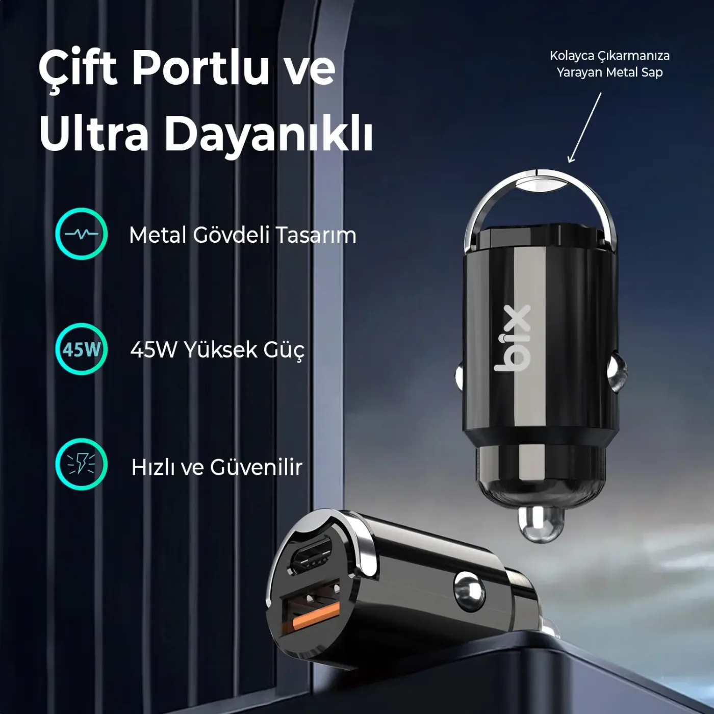 BXCCP45W 45W Type-C PD ve USB-A QC 3.0 18W Araç Şarj