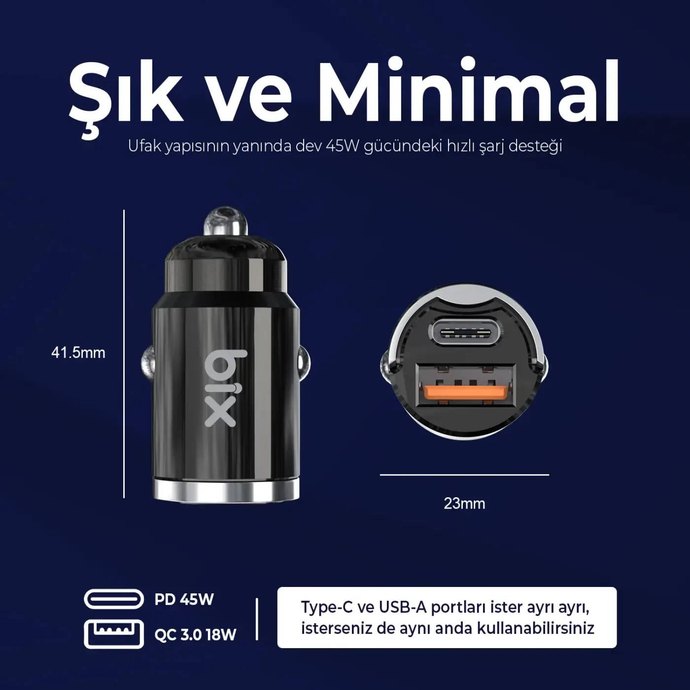 BXCCP45W 45W Type-C PD ve USB-A QC 3.0 18W Araç Şarj