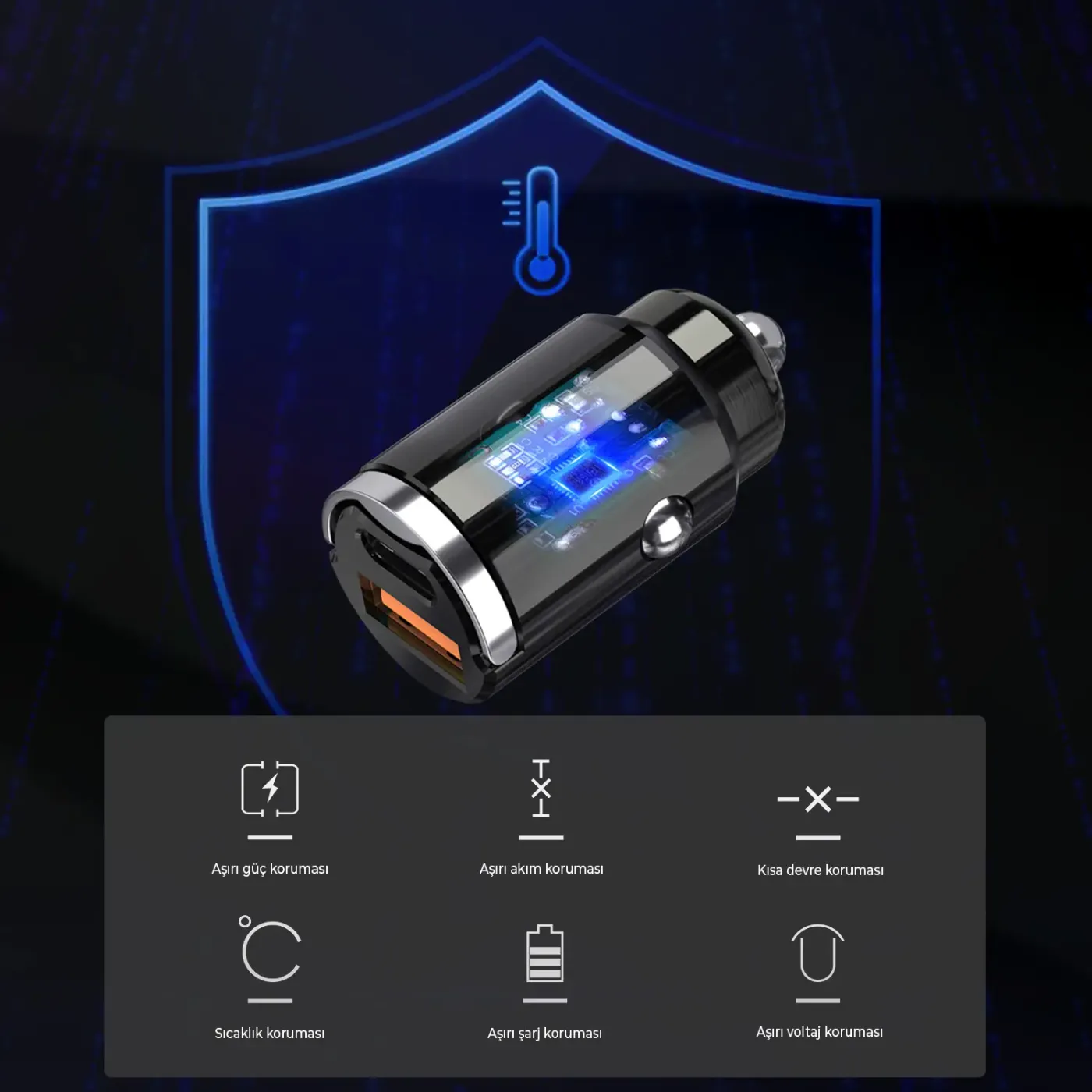 BXCCP45W 45W Type-C PD ve USB-A QC 3.0 18W Araç Şarj