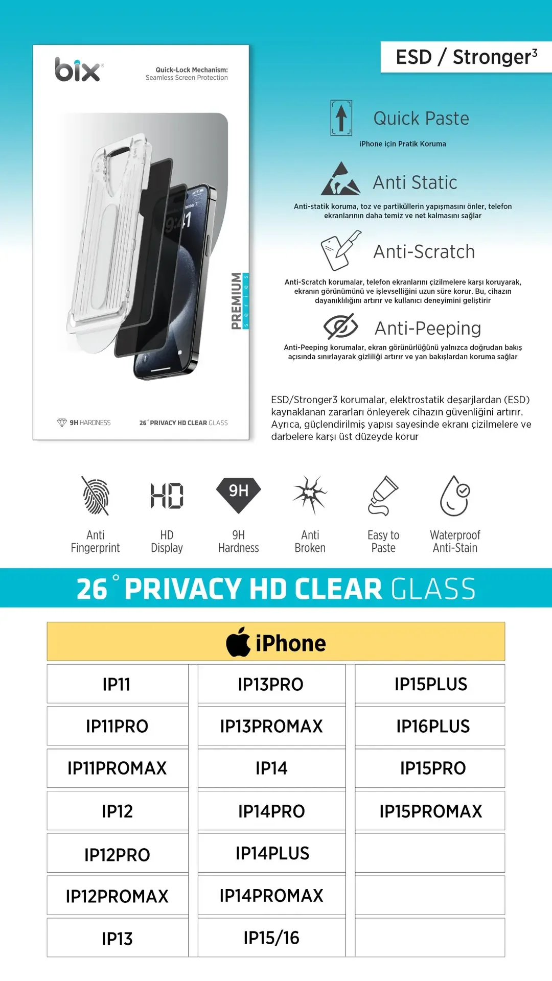 Bix 26° Privacy HD Clear Glass Ekran Koruyucu