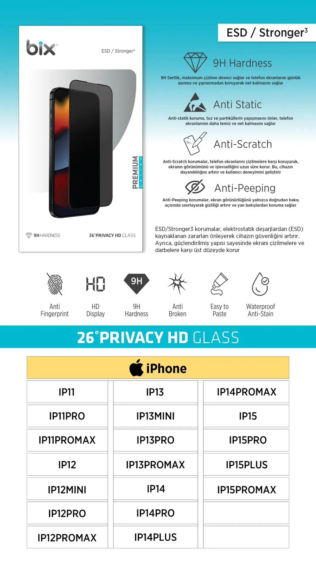 Bix 26° Privacy HD Glass – 9H Sertlikte Ekran Koruyucu
