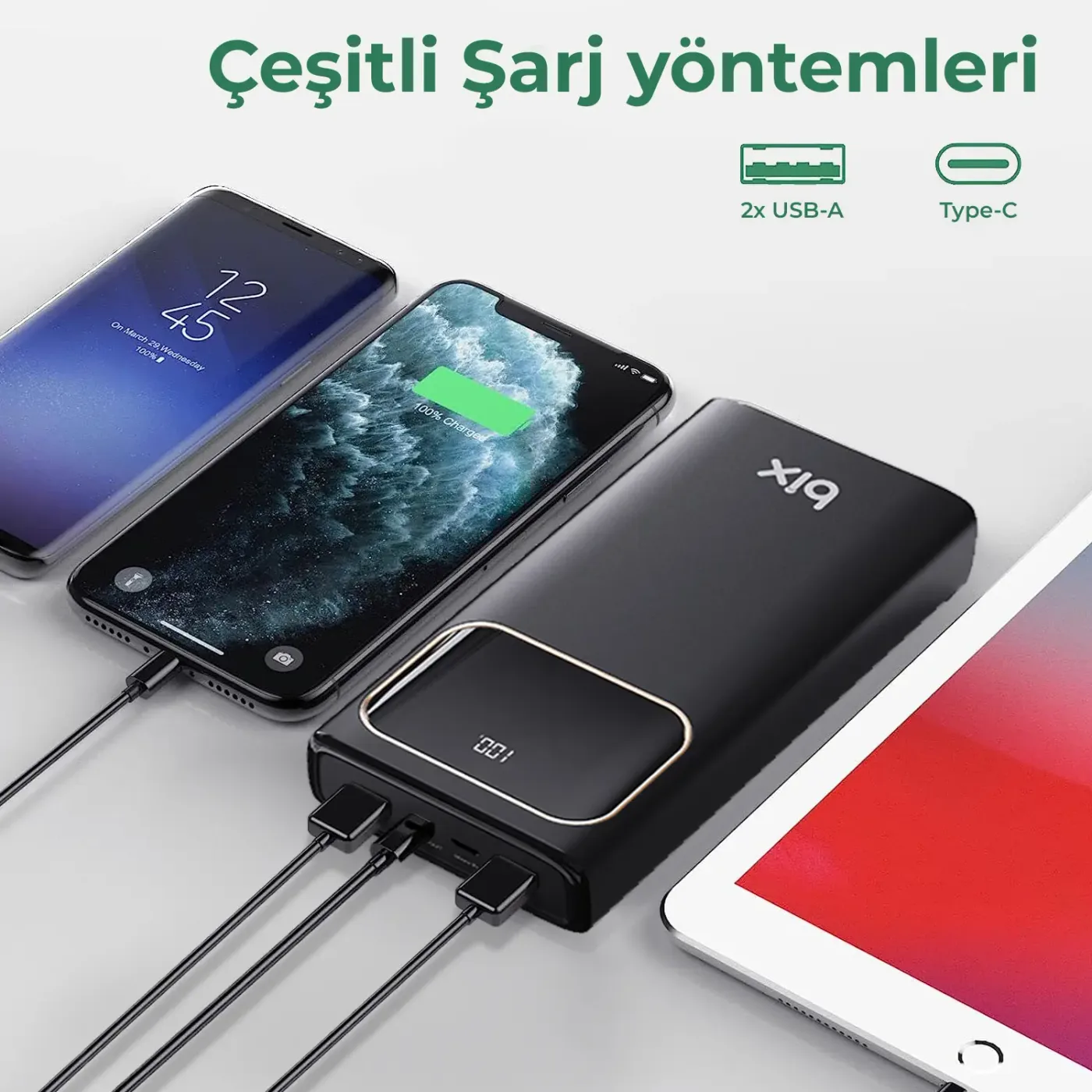 PB303 30000mAh 60W 2*USB-A ve Type-C PD Üç Çıkışlı Şarj
