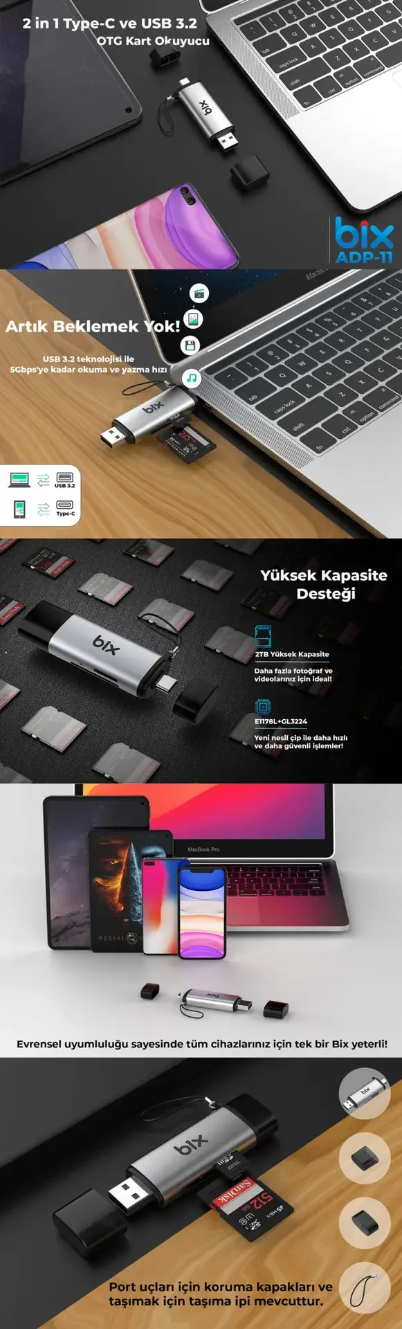 ADP-11 Type-C ve USB 3.2 SD ve Micro SD Kartı Okuyucu