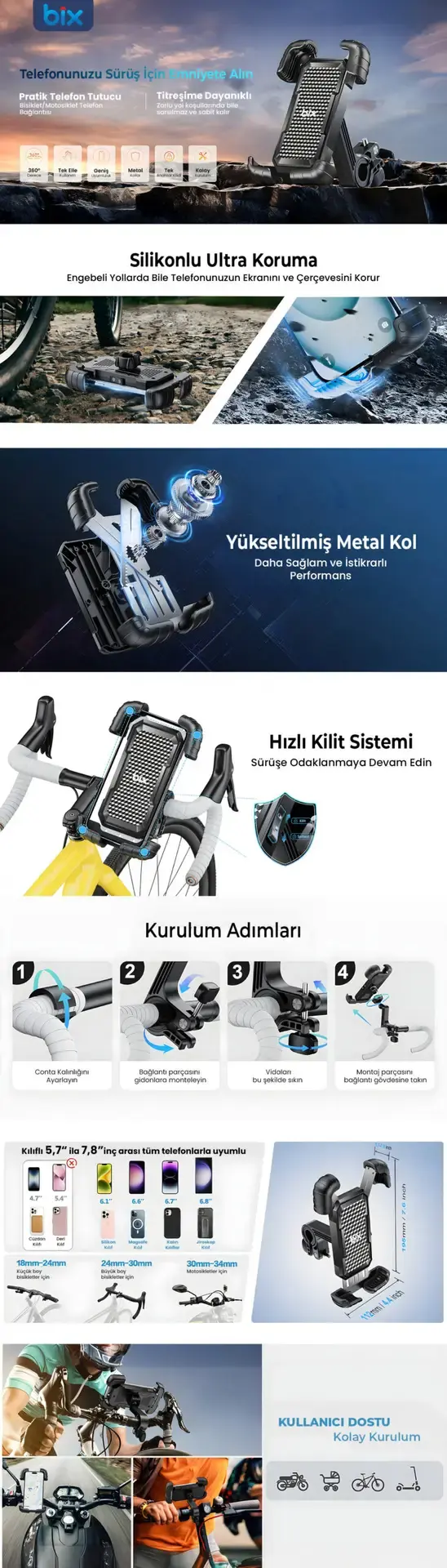 BPH02 360° Derece Ayarlanabilen Gidon Bağlantılı Tutucu