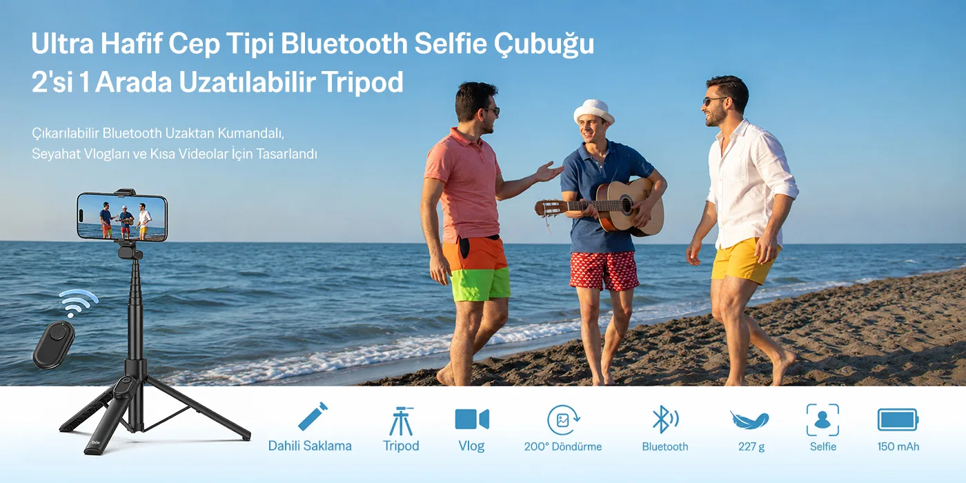 BS02 Bluetooth Kumandalı Selfie Çubuğu Tripod 140 cm