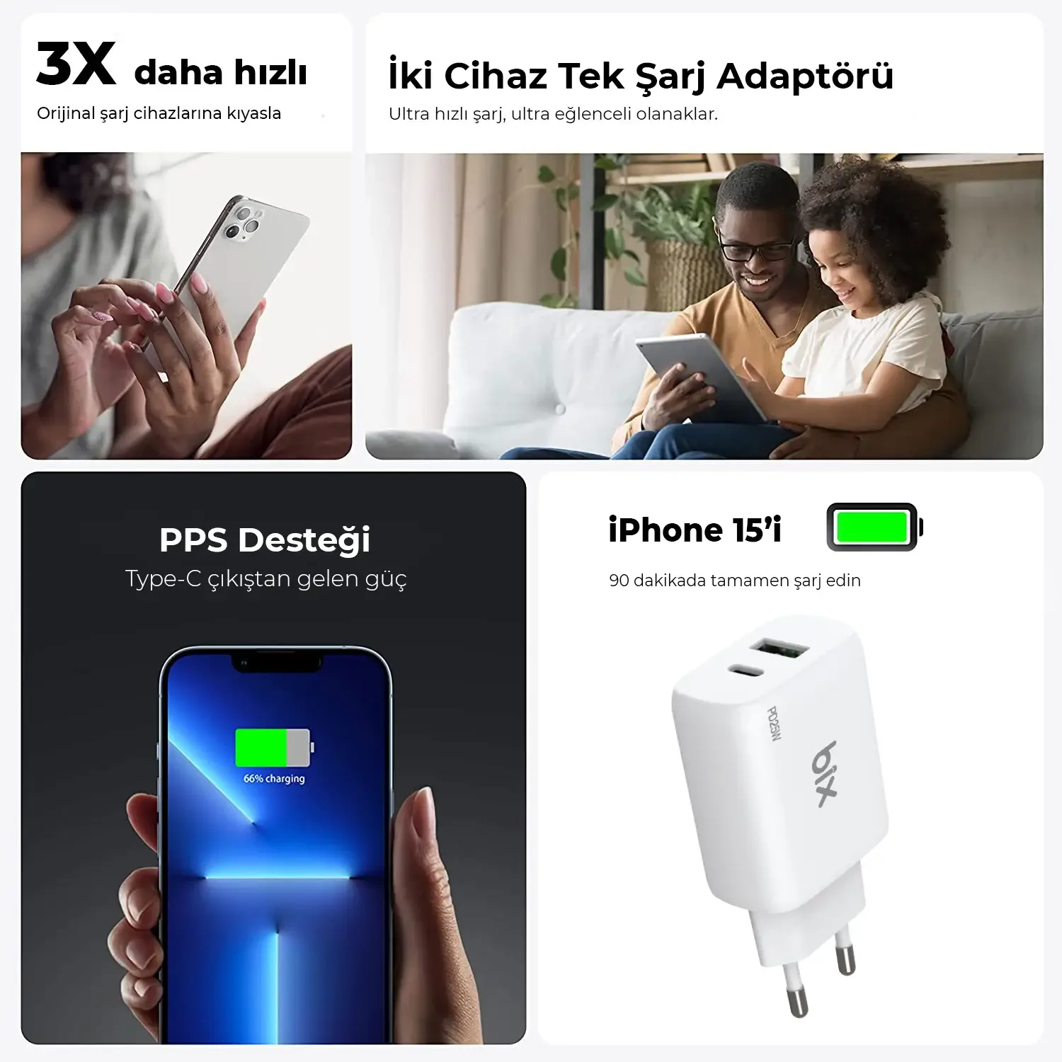 BX2P25TW 25W Çift Portlu USB-A QC ve Type-C PD 3.0 Şarj