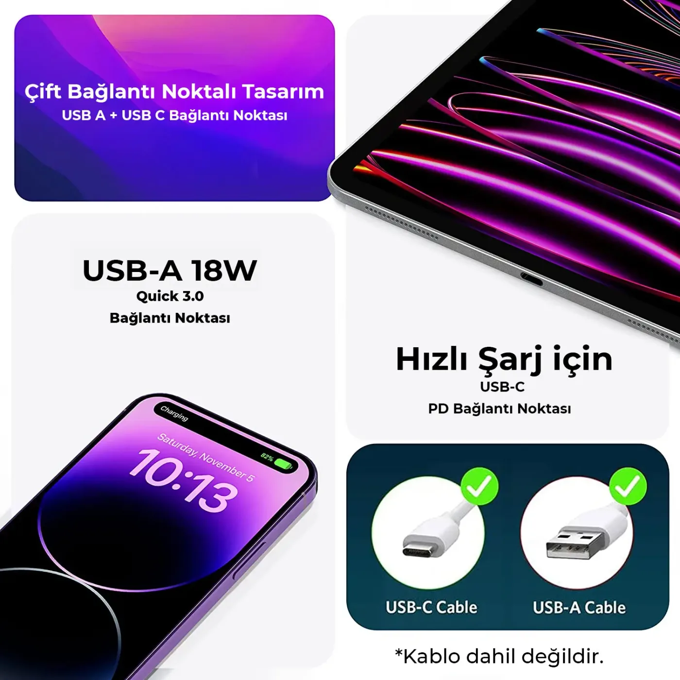 BX2P25TW 25W Çift Portlu USB-A QC ve Type-C PD 3.0 Şarj
