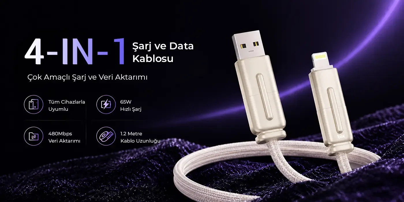BX4IN1C 65W USB-A, USB-C, Lightning Çok Kablosu