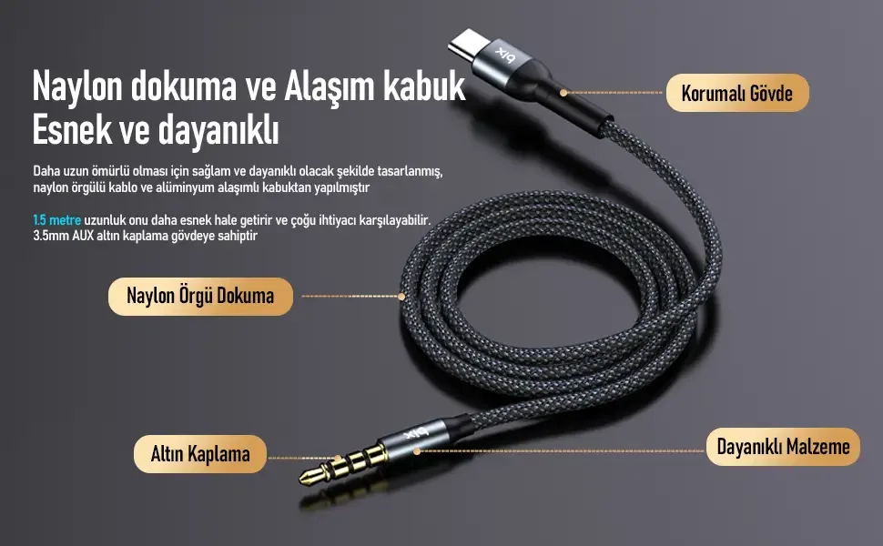 BXAU1C Type-C 3.5mm Aux Hi-Fi Ses Kablosu 1.5 Metre