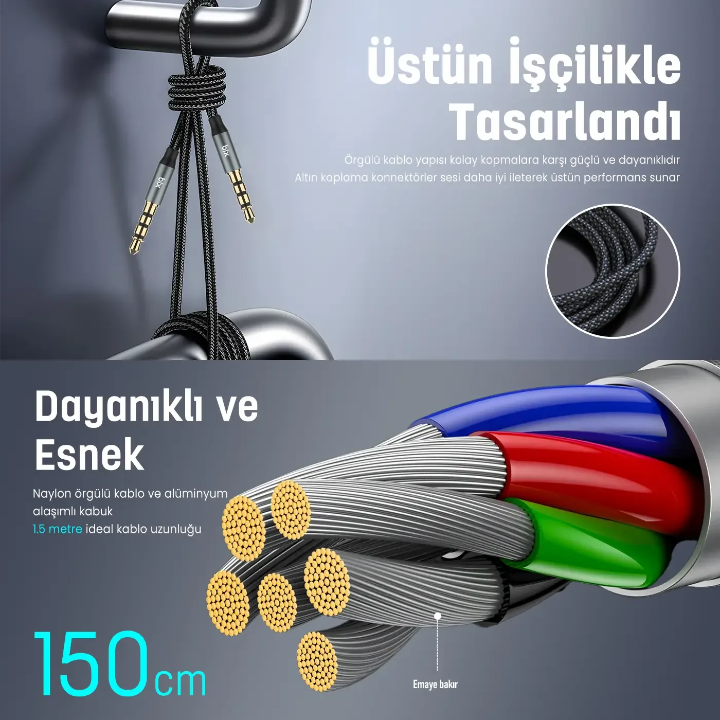 BXAU3C Hi-Fi 3.5mm Erkek to Erkek Örgülü Aux Ses