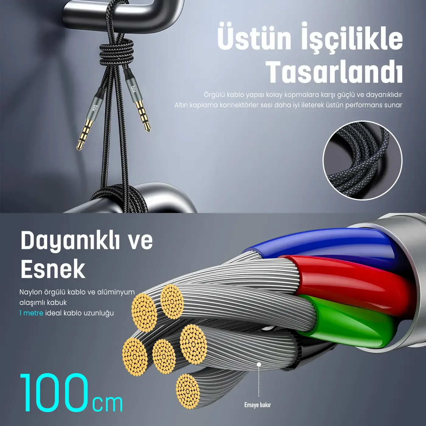 BXAU3C Hi-Fi 3.5mm Erkek to Erkek Örgülü Aux Ses