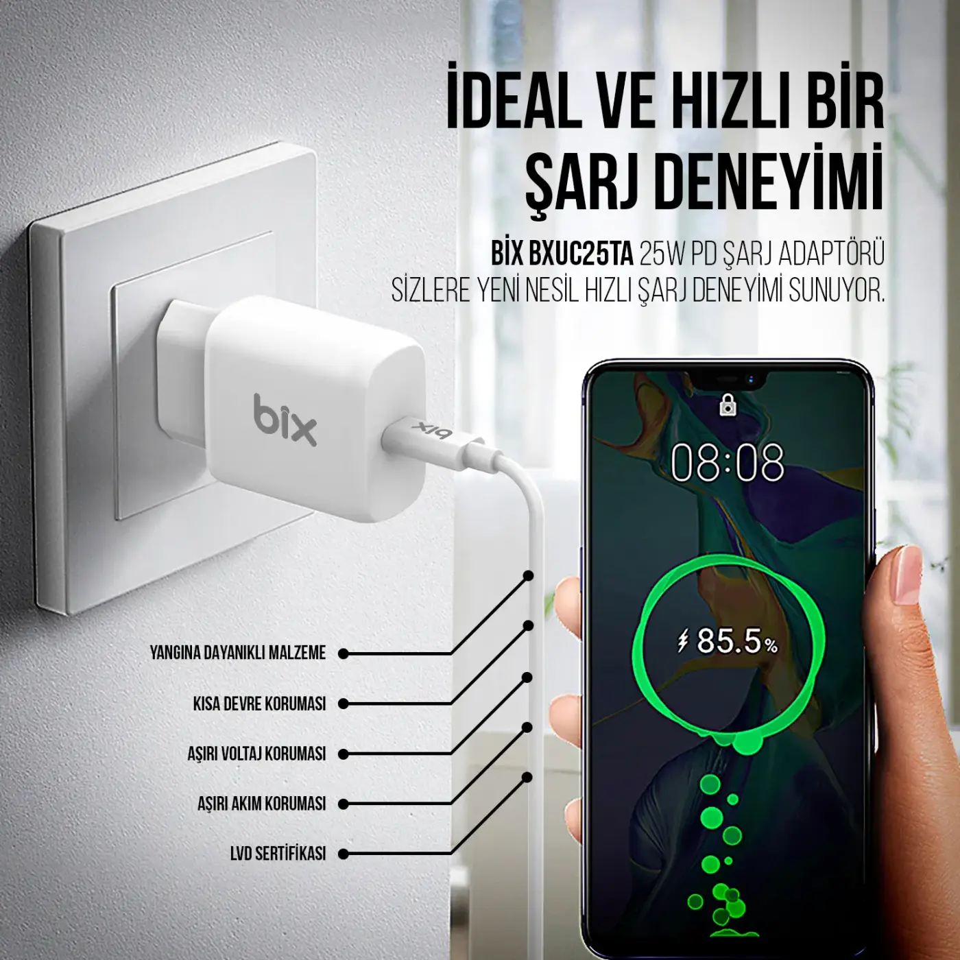 BXC25W 25W Type-C PD Hızlı Şarj Adaptörü + 1 Metre 5A