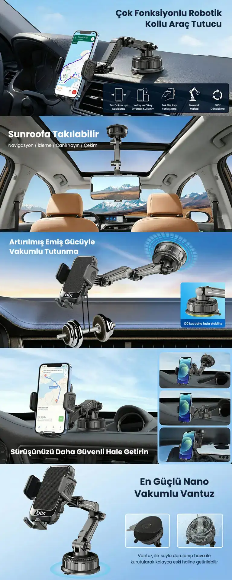 BXCH15 Uzayabilen ve Ayarlanabilir Cam Telefon Tutucu