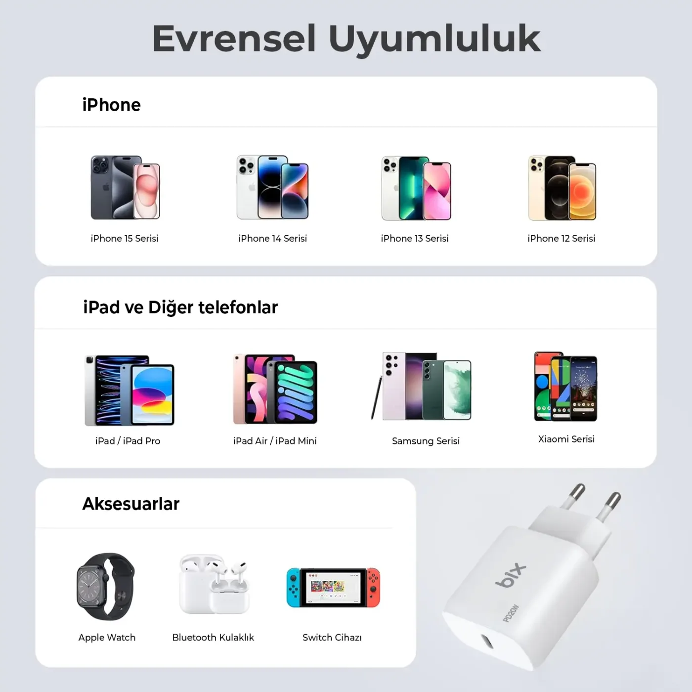 BXL21 20W PD Hızlı Şarj Adaptörü + 3A USB-C’den