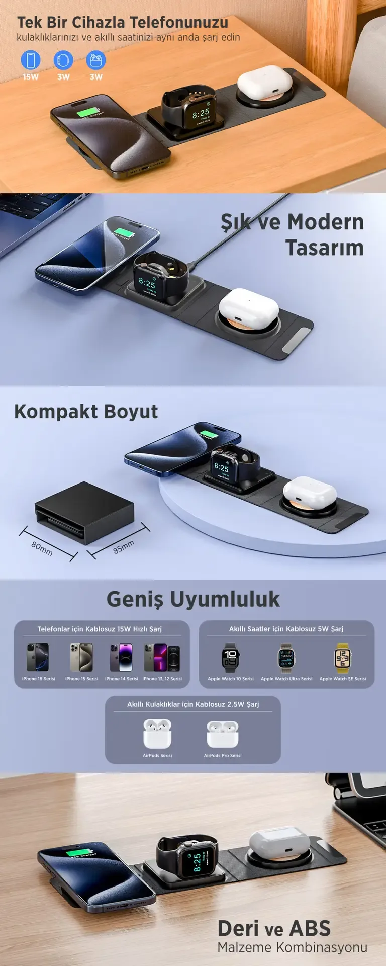 BXMW6 3’ü 1 Arada Akıllı Telefon, Akıllı Saat Şarj