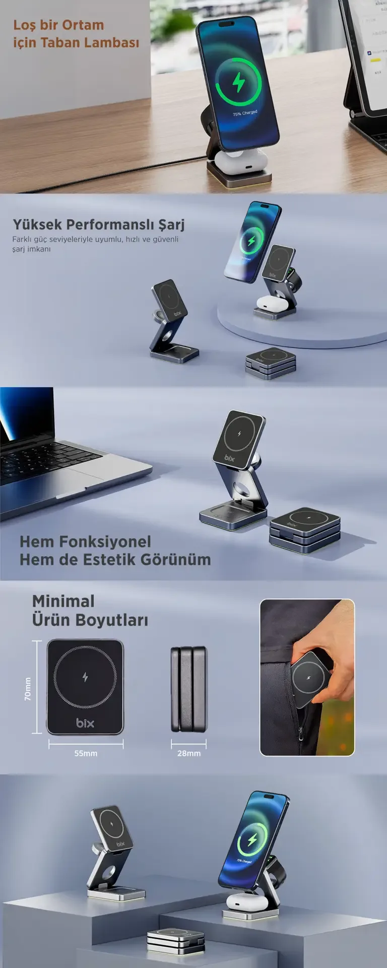 BXMW7 3’ü 1 Arada 15W Akıllı Telefon TWS Kablosuz Şarj