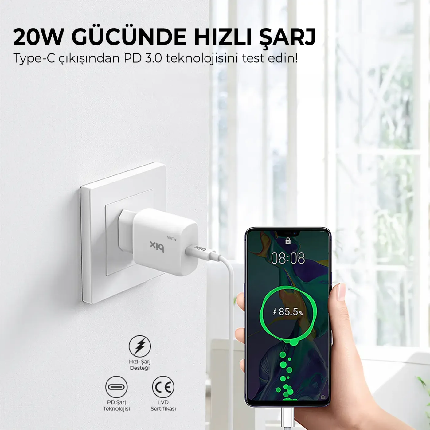 BXT21 20W PD Hızlı Şarj Adaptörü Beyaz