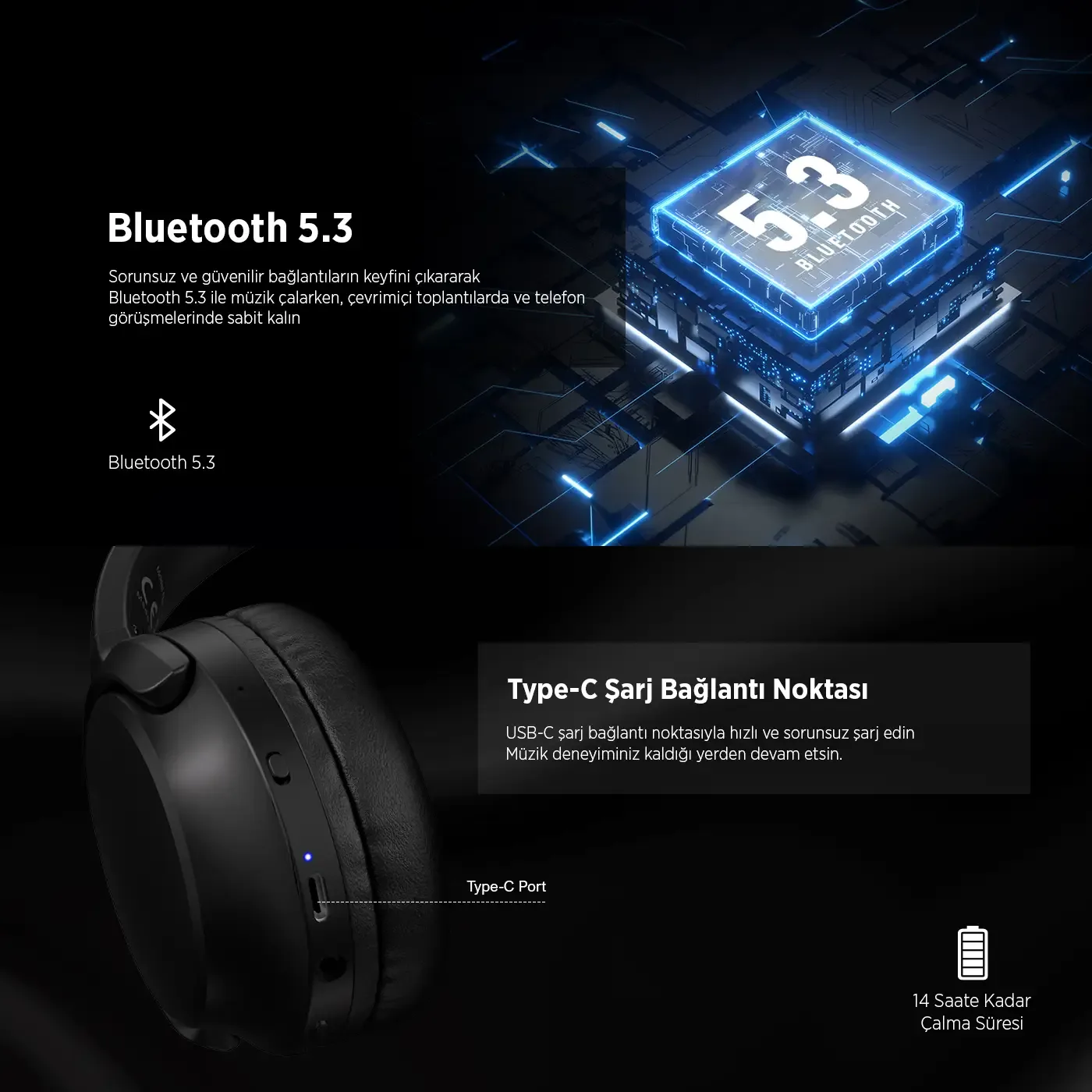 H2 Soundcraft 40mm Sürücülü 14 Saat Kulak Üstü Kulaklık