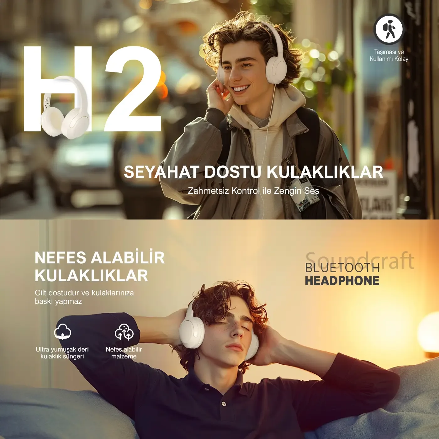 H2 Soundcraft 40mm Sürücülü 14 Saat Kulak Üstü Kulaklık