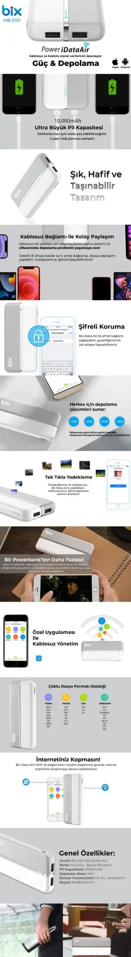HB-D10 iData Air Hafızalı Çift Çıkışlı 10000 mAh