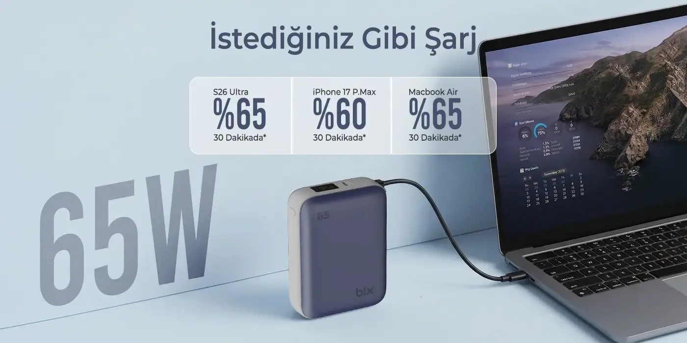 PB120 20000mAh PD 65W Cep Boyu Kompakt Tasarımlı Şarj