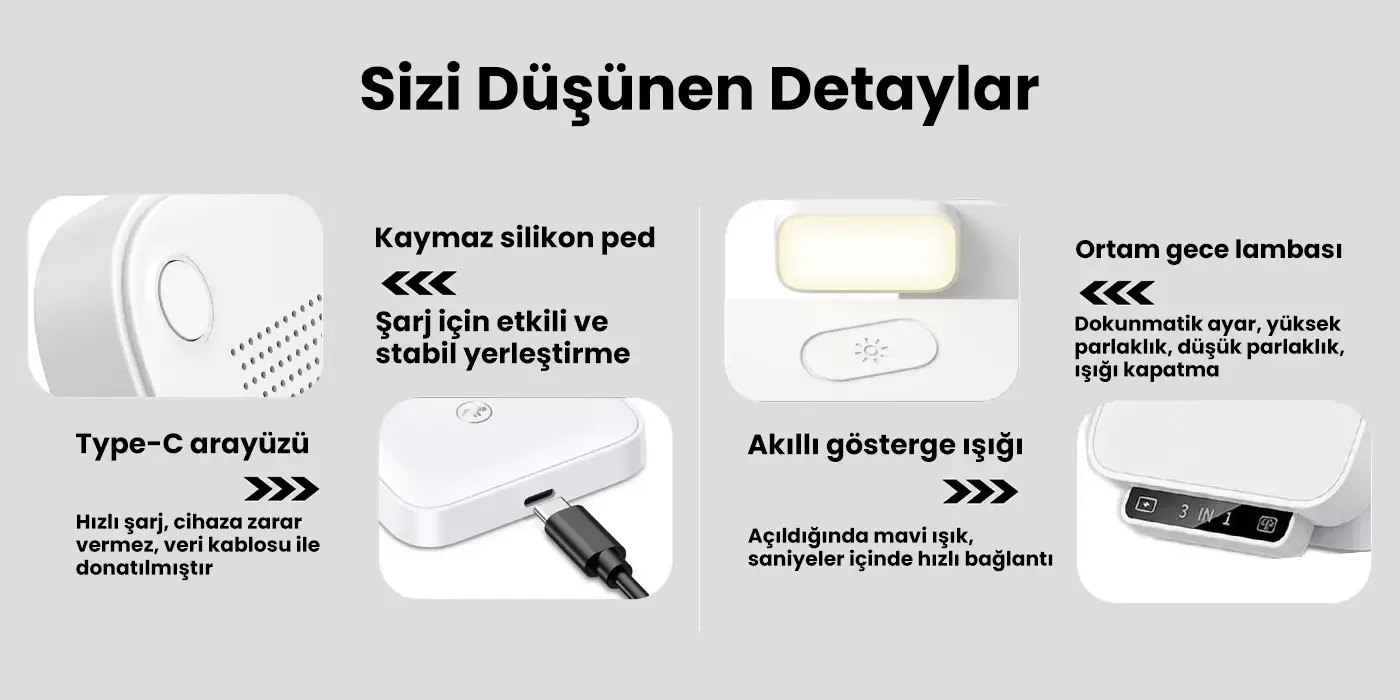 TPS01 Gece Işıklı 3’ü 1 Arada Akıllı Kablosuz Şarj