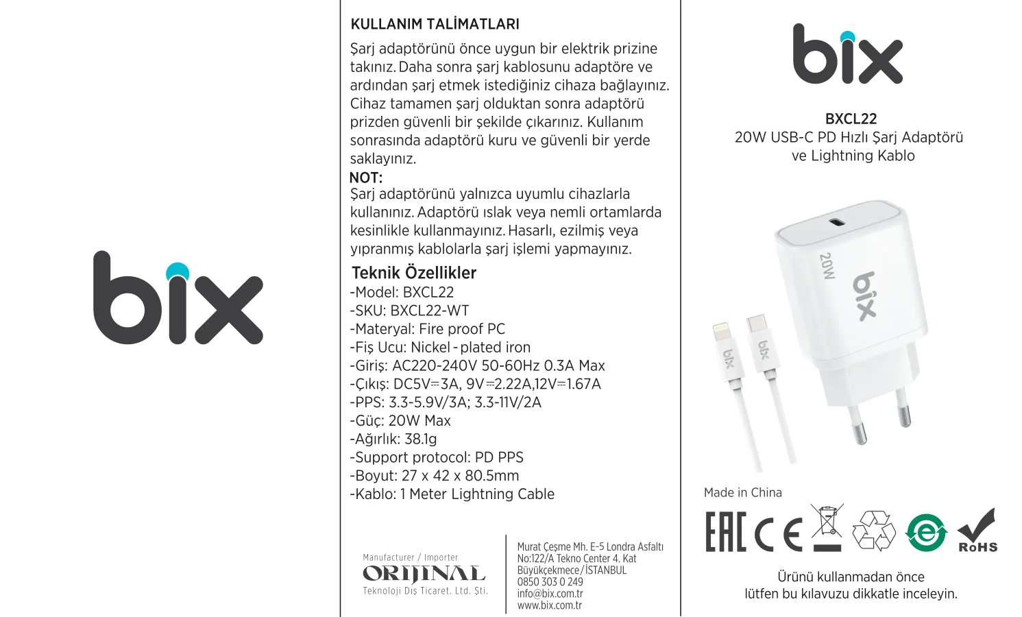 BXCL22 20W Type-C PD 3.0 Akım Korumalı Hızlı Şarj kullanım kılavuzu — sayfa 1