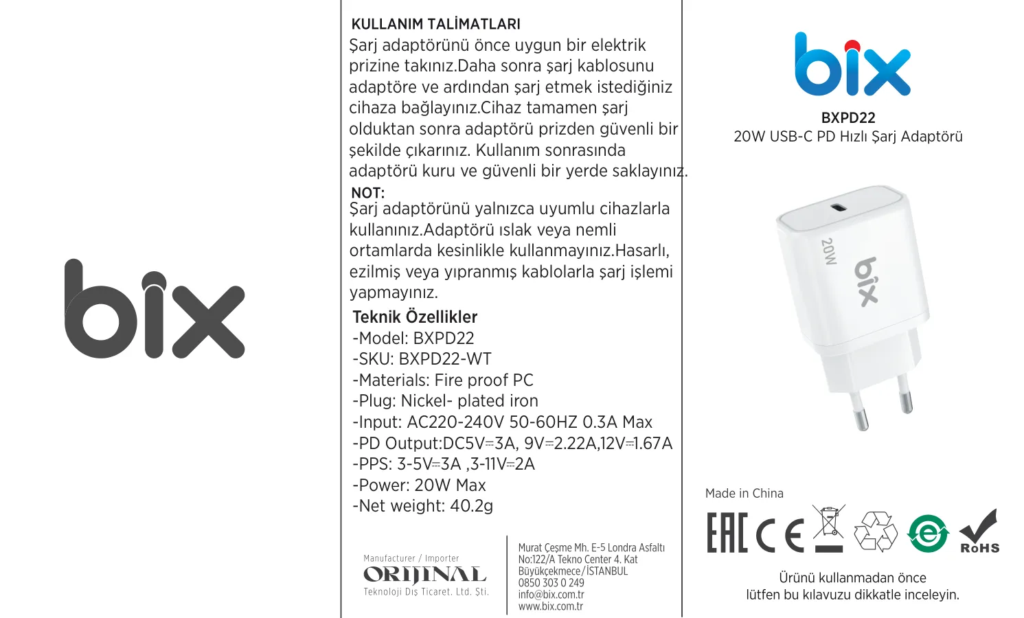 BXPD22 20W USB-C PD 3.0 Akım Korumalı Hızlı Şarj kullanım kılavuzu — sayfa 1