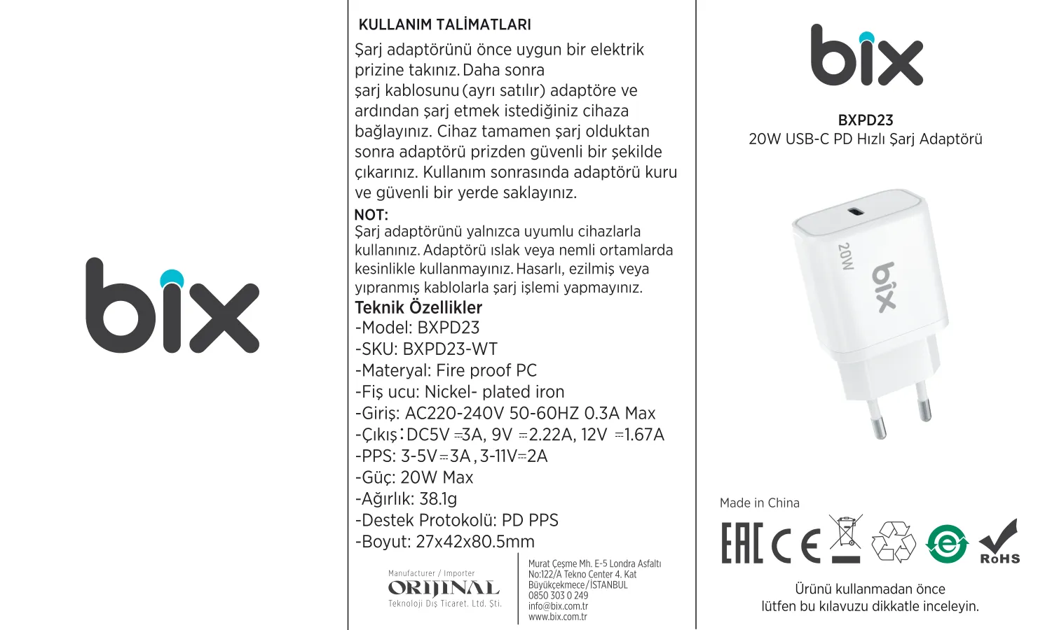 BXPD23 20W USB-C PD 3.0 Akım Korumalı Hızlı Şarj kullanım kılavuzu — sayfa 1