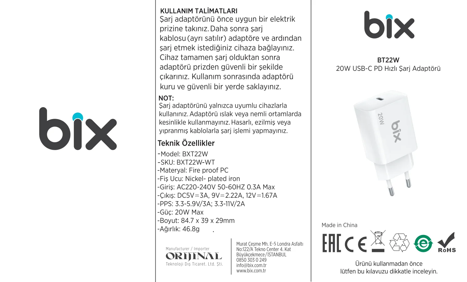 BXT22W 20W USB-C PD 3.0 Akım Korumalı Hızlı Şarj kullanım kılavuzu — sayfa 1