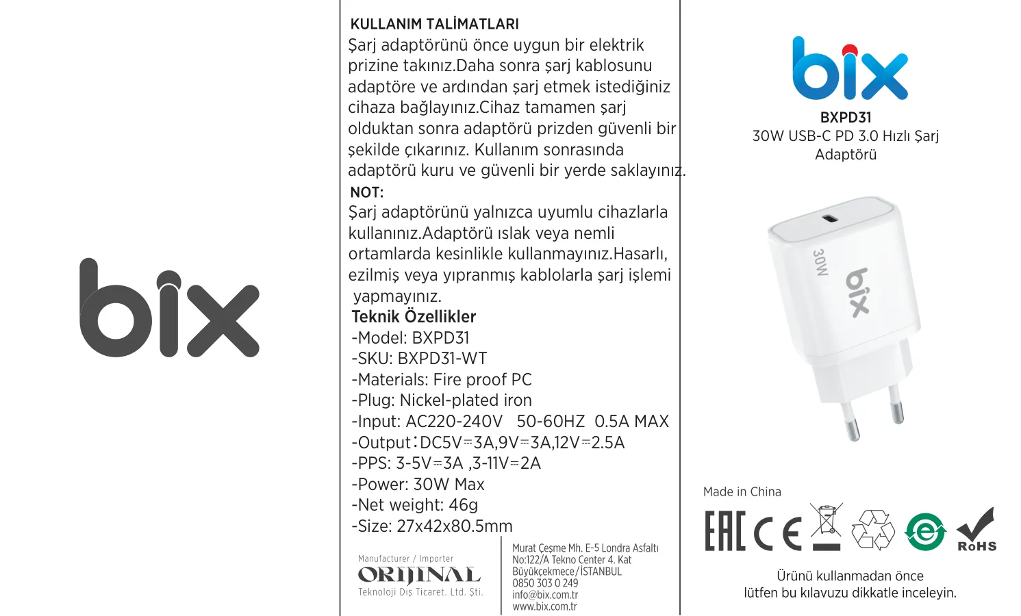 BXPD32 30W USB-C PD 3.0 Akım Korumalı Hızlı Şarj kullanım kılavuzu — sayfa 1