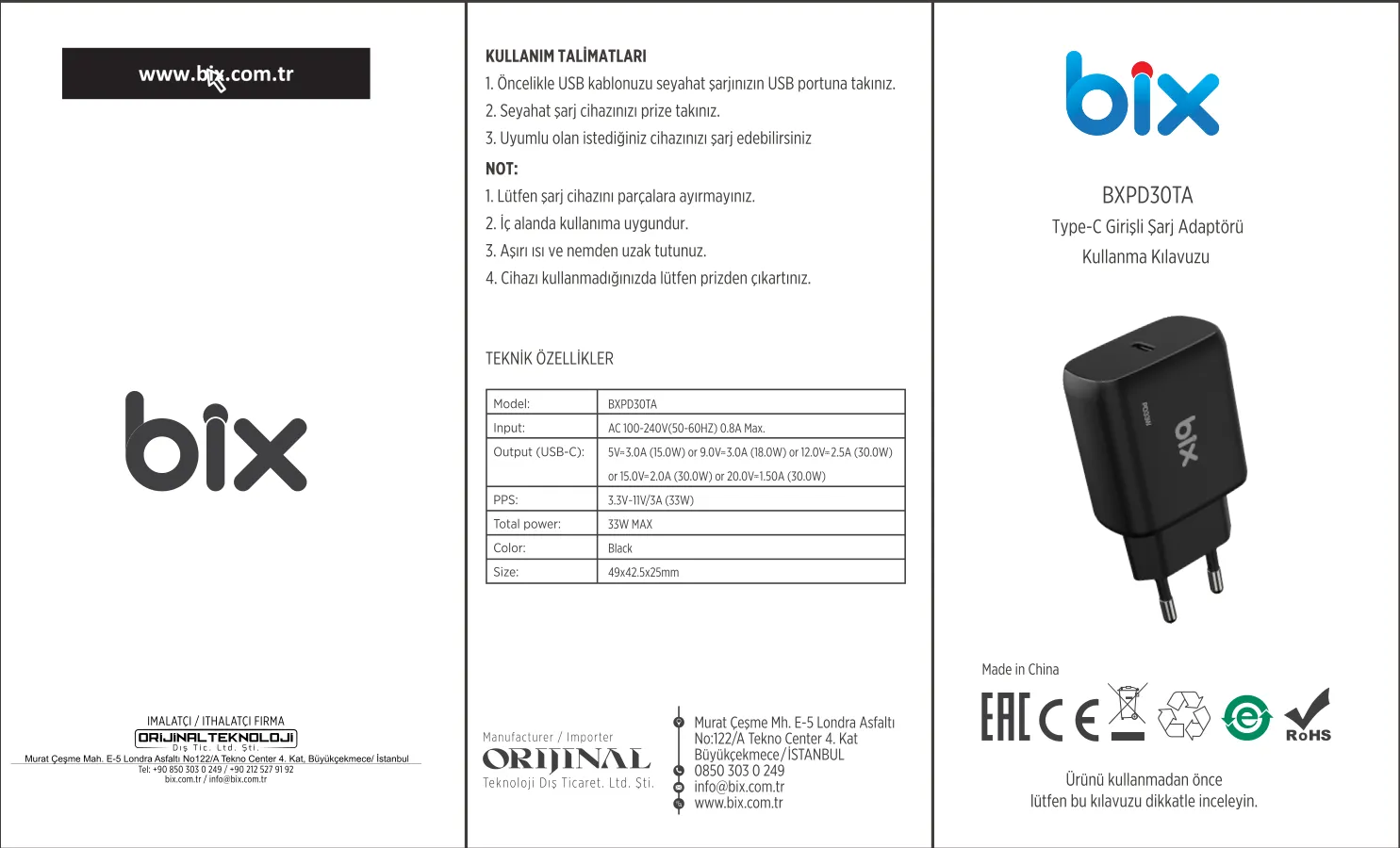 BXPD30TA 30W Type-C PD 3.0 PPS Akım Korumalı Hızlı Şarj kullanım kılavuzu — sayfa 1
