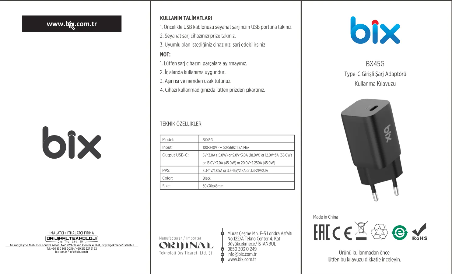 BX45G GaN Type-C PD 3.0 45W PPS Mini Hızlı Şarj Cihazı kullanım kılavuzu — sayfa 1