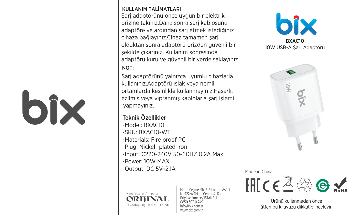 BXAC10 10W 5V 2.1A USB-A Akıllı Çipli ve Kısa Şarj kullanım kılavuzu — sayfa 1