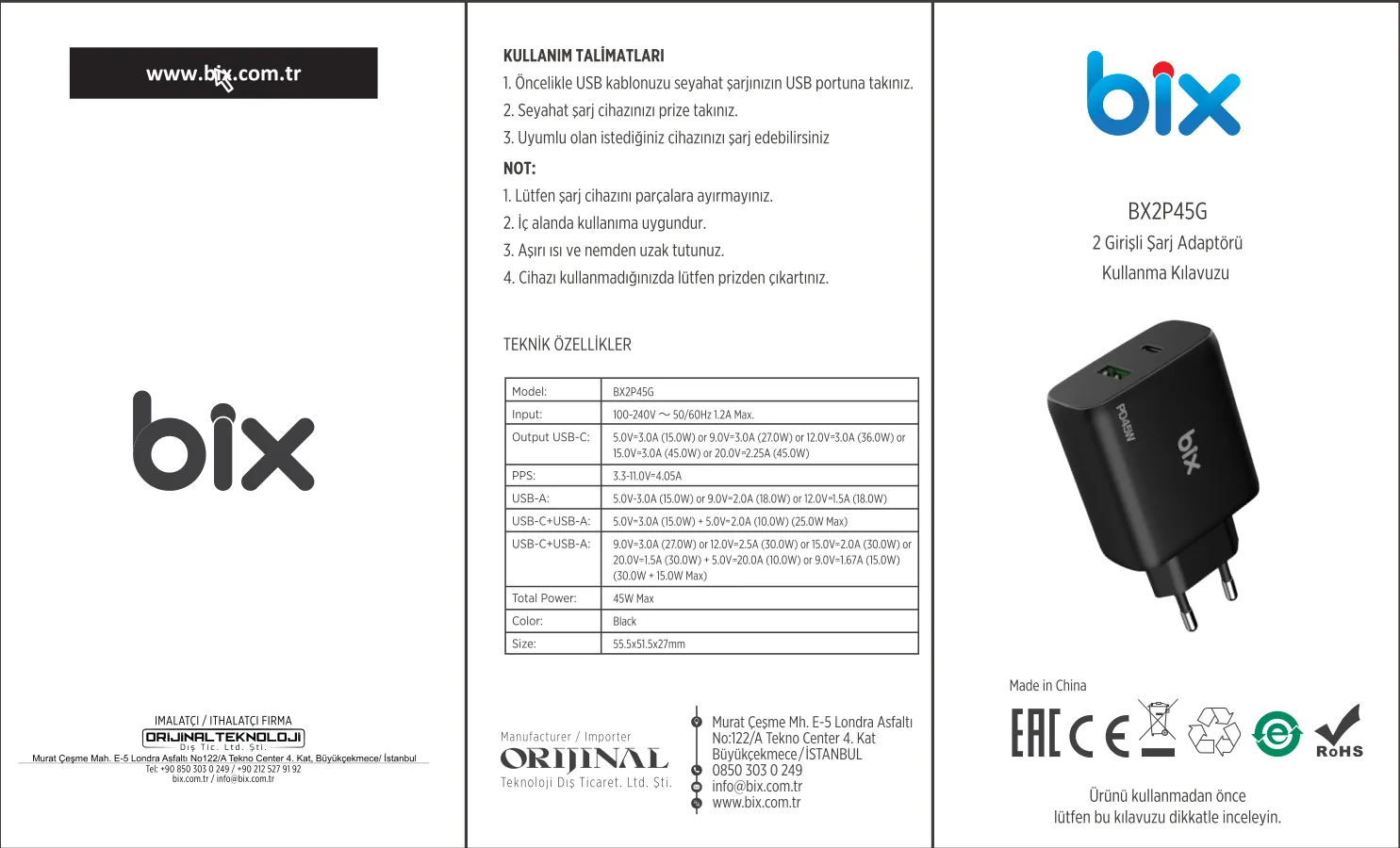 BX2P45G GaN PD 45W Type-C ve USB-A QC 18W Çift Portlu kullanım kılavuzu — sayfa 1