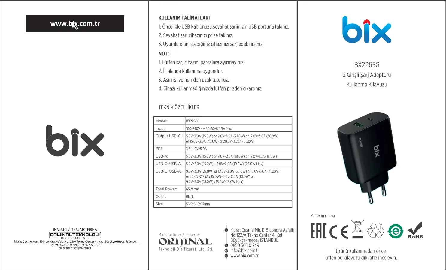 BX2P65G GaN PD 65W Type-C ve USB-A QC 18W Çift Portlu kullanım kılavuzu — sayfa 1
