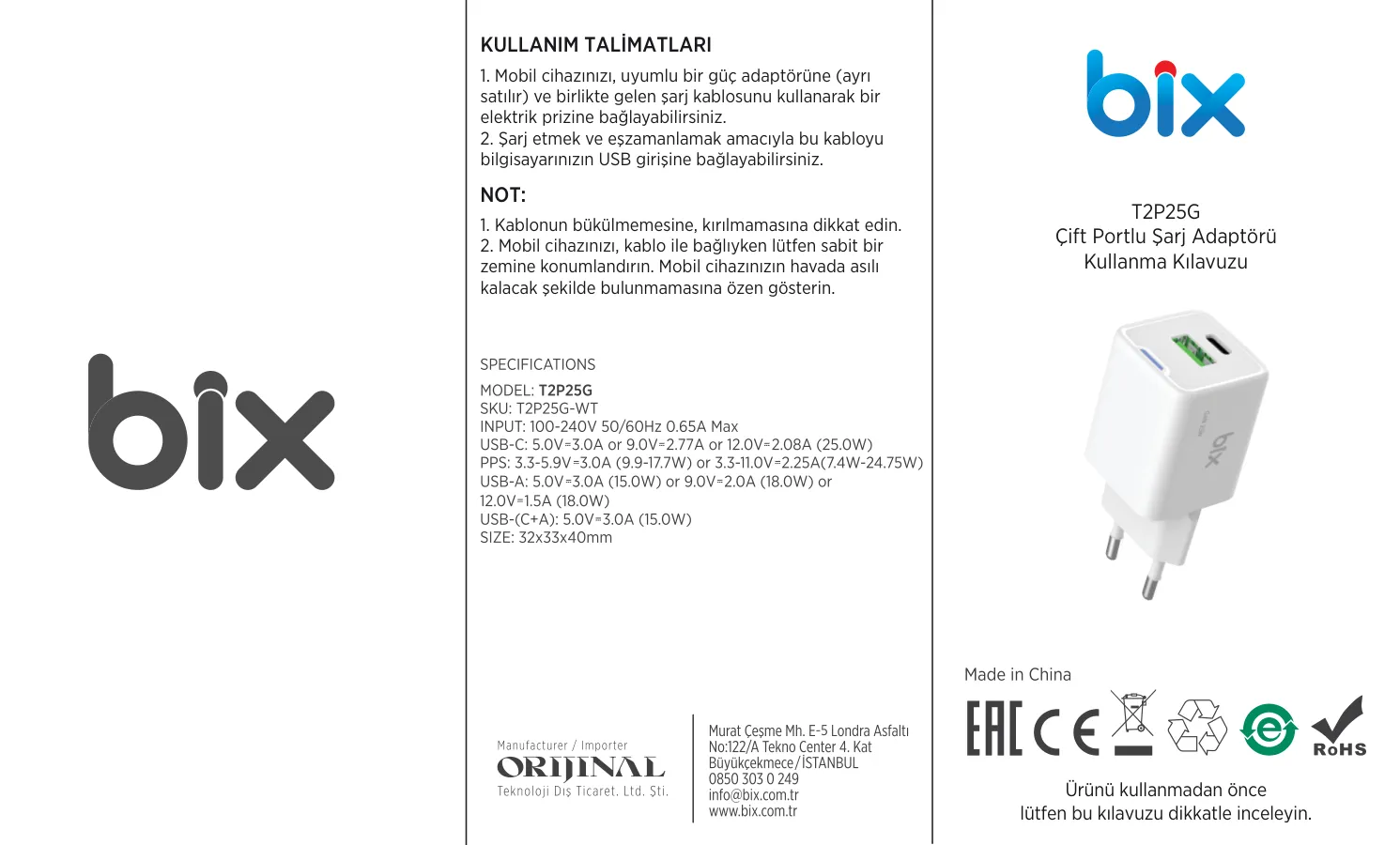 T2P25G GaN PD 25W Type-C ve USB-A QC 18W Çift Portlu kullanım kılavuzu — sayfa 1