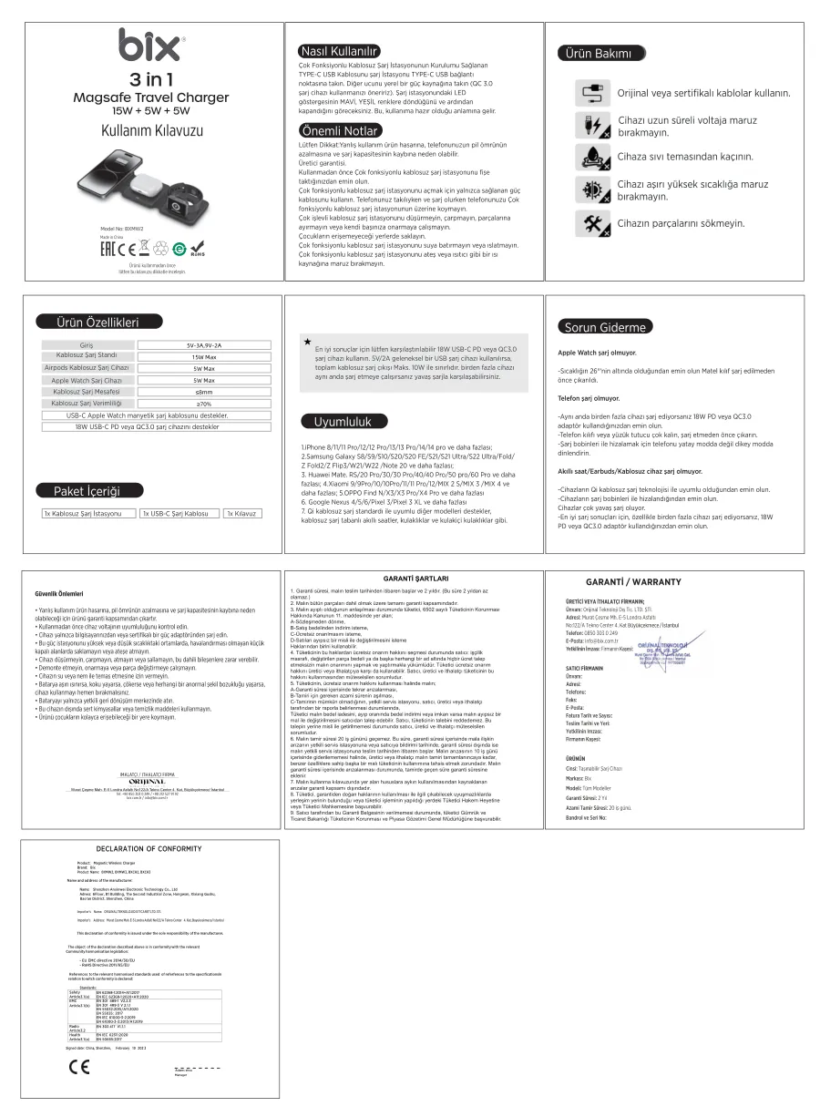 BXMW2 15W 3’ü 1 Arada iPhone Apple Watch AirPods Uyumlu kullanım kılavuzu — sayfa 1