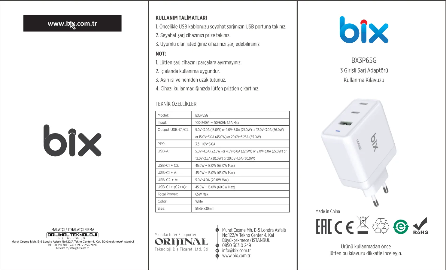 BX3P65G GaN 65W USB QC 3.0 ve 2*Type-C PD 3.0 Üç Portlu kullanım kılavuzu — sayfa 1
