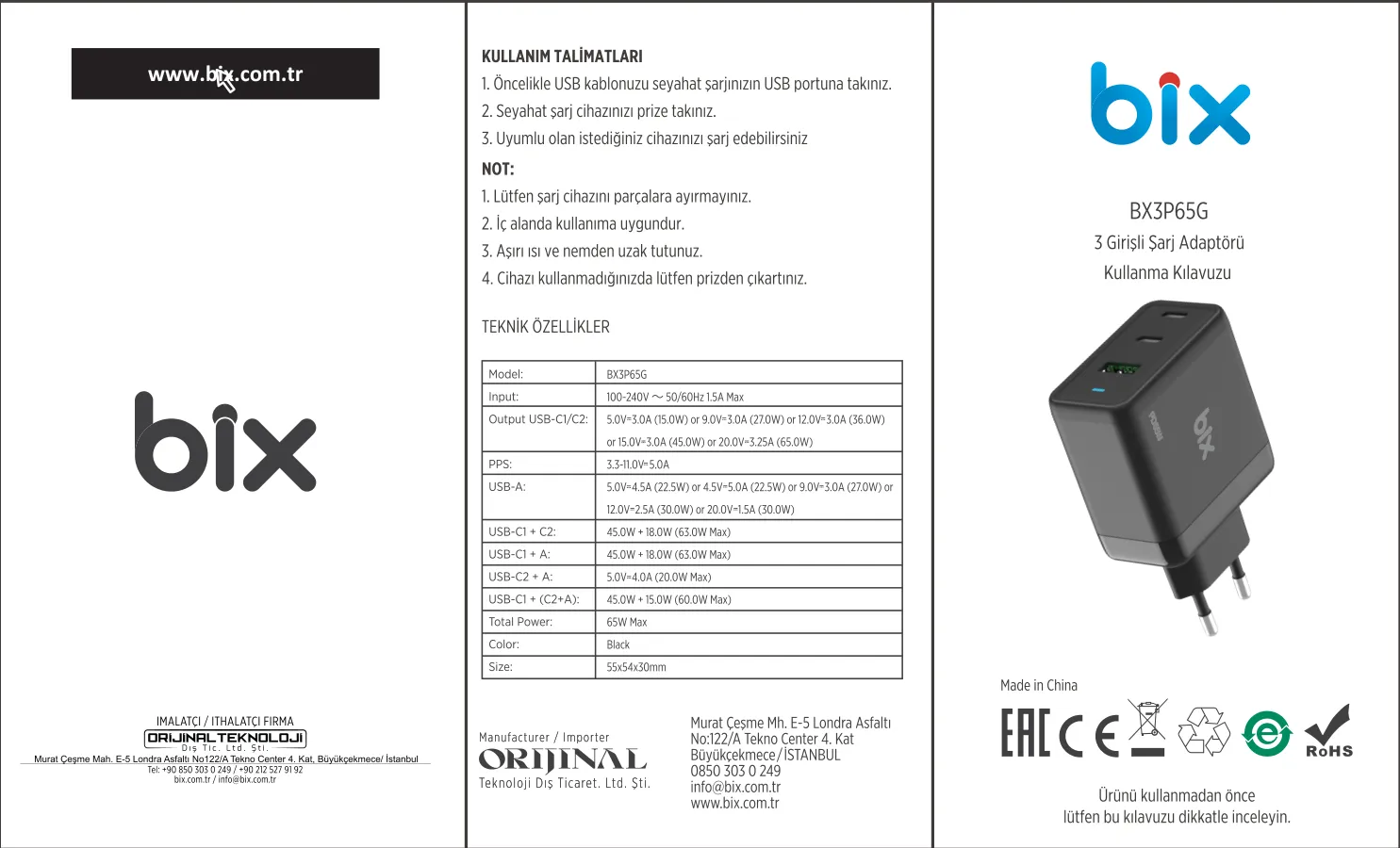 BX3P65G GaN 65W USB QC 4.0 ve 2*Type-C PD 3.0 Üç Portlu kullanım kılavuzu — sayfa 1