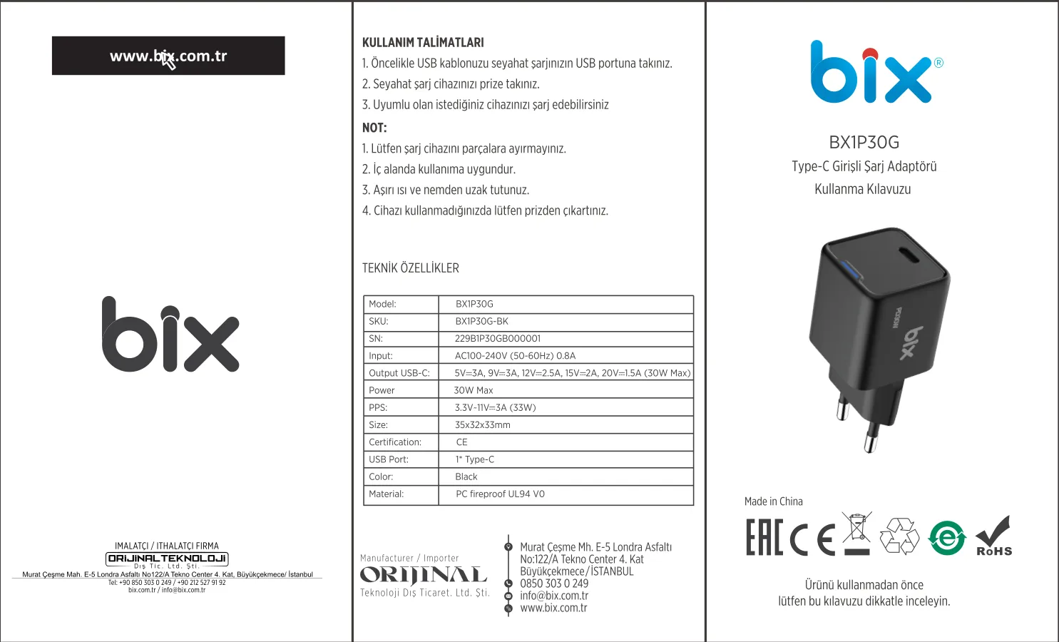 BX1P30G GaN 30W Type-C PD Akım Korumalı ve LED kullanım kılavuzu — sayfa 1