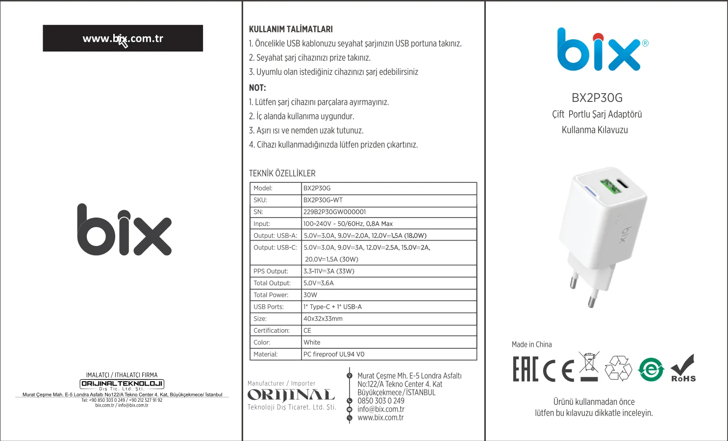 BX2P30G GaN PD 30W Type-C ve USB-A QC 18W Çift Portlu kullanım kılavuzu — sayfa 1