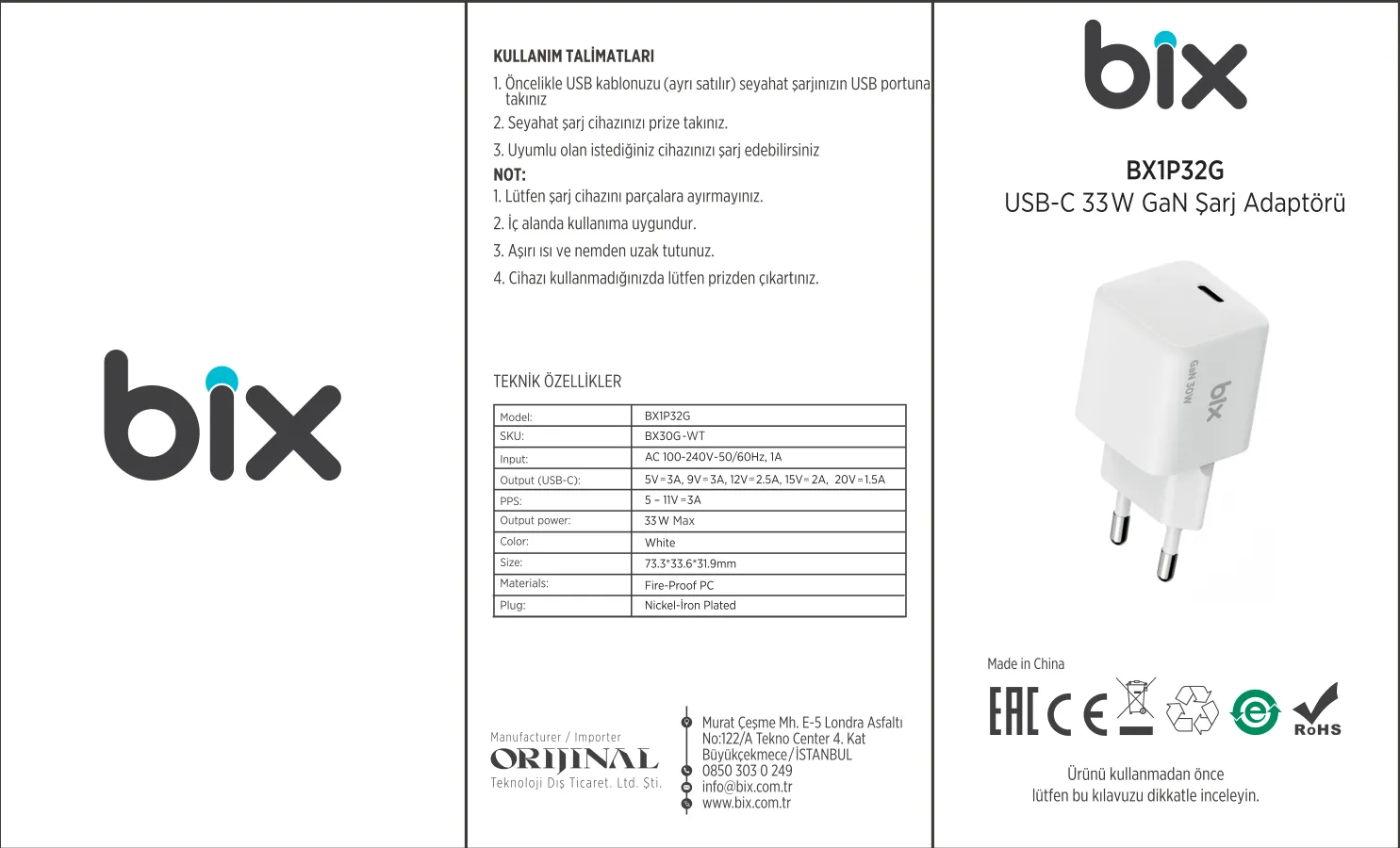 BX1P32G GaN 33W Type-C PD Hızlı Şarj kullanım kılavuzu — sayfa 1