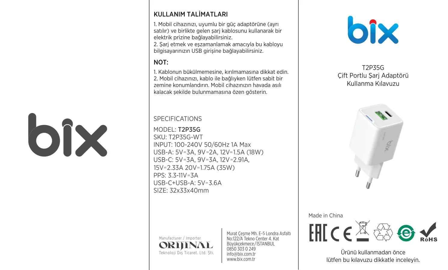 T2P35G GaN PD 35W Type-C ve USB-A QC 18W Çift Portlu kullanım kılavuzu — sayfa 1