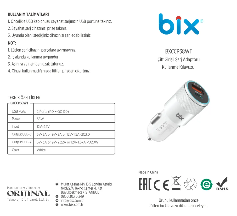 BXCCP38WT 38W USB QC 3.0 18W ve Type-C PD 20W Çift Şarj kullanım kılavuzu — sayfa 1