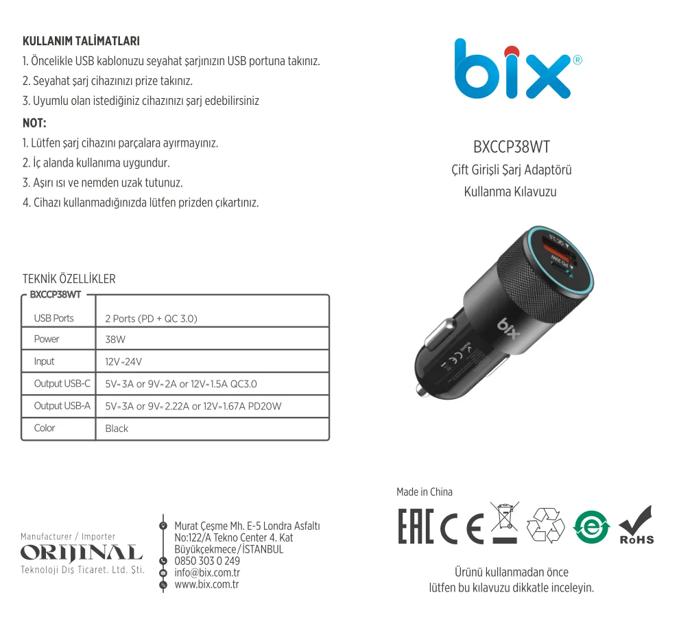 BXCCP38WT 38W USB QC 3.0 18W ve Type-C PD 20W Çift Şarj kullanım kılavuzu — sayfa 1