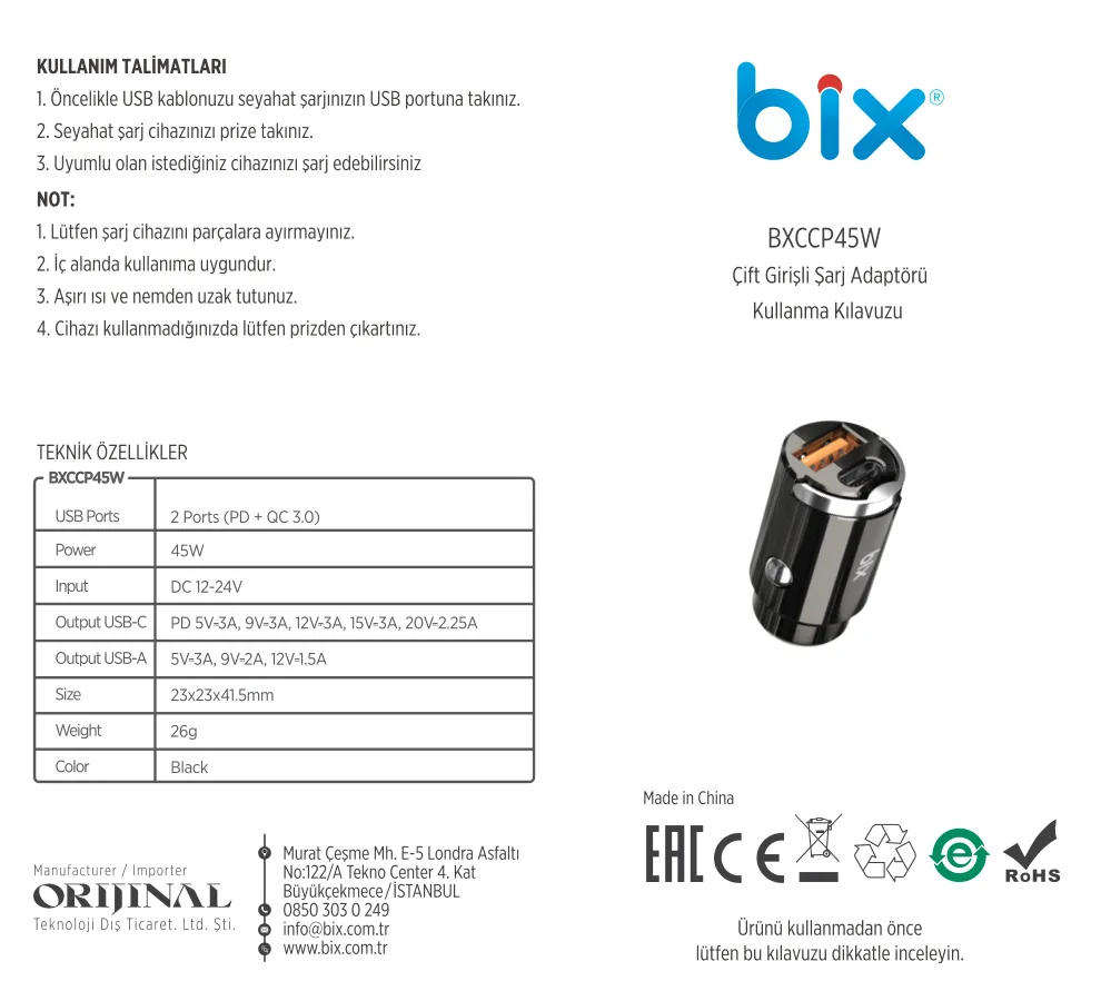 BXCCP45W 45W Type-C PD ve USB-A QC 3.0 18W Araç Şarj kullanım kılavuzu — sayfa 1